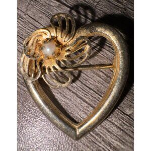 Vintage Gold-Tone Heart Pin Brooch With Floral Design & Faux Pearl Accent